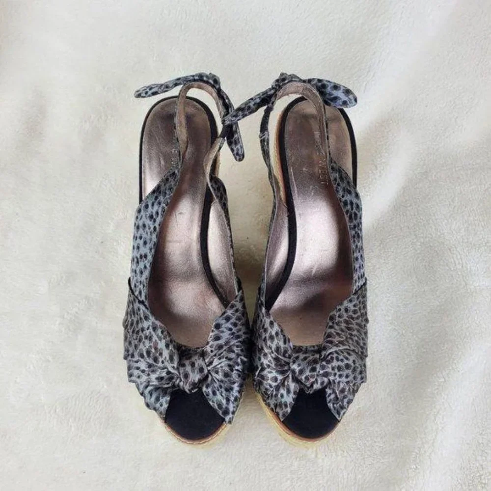 Nine West Grey Satin Animal Print Bow Slingback Platform Espadrille Shoes 10M